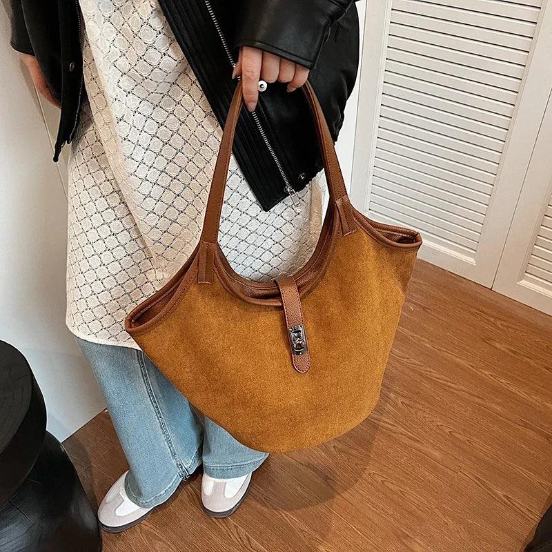 Small Nubuck Leather Shoulder Bags Women Zipper Turn Lock Matte Tote Handbags