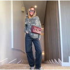 Women's Cardigan Striped Knit Open-Front O-Neck Loose Full-Sleeve Casual Autumn Winter Sweater