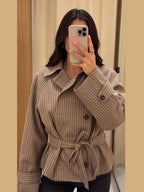 Women's Jacket Polyester Plaid Loose Stand Collar Full-Zip Full-Sleeve Casual Autumn Outerwear