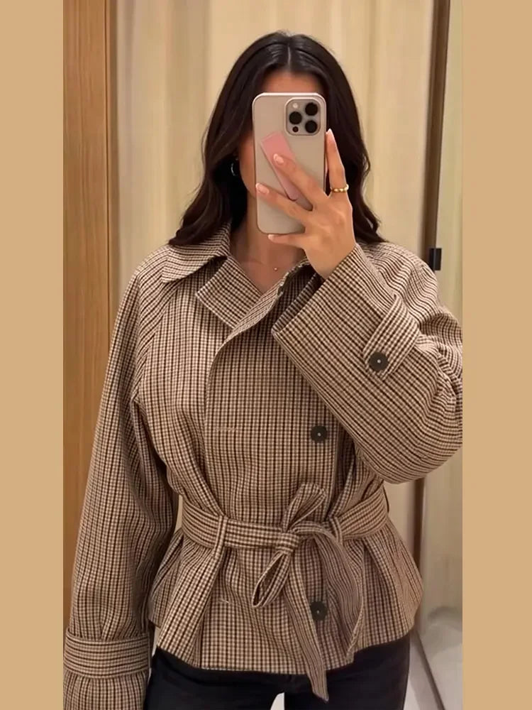 Women's Jacket Polyester Plaid Loose Stand Collar Full-Zip Full-Sleeve Casual Autumn Outerwear