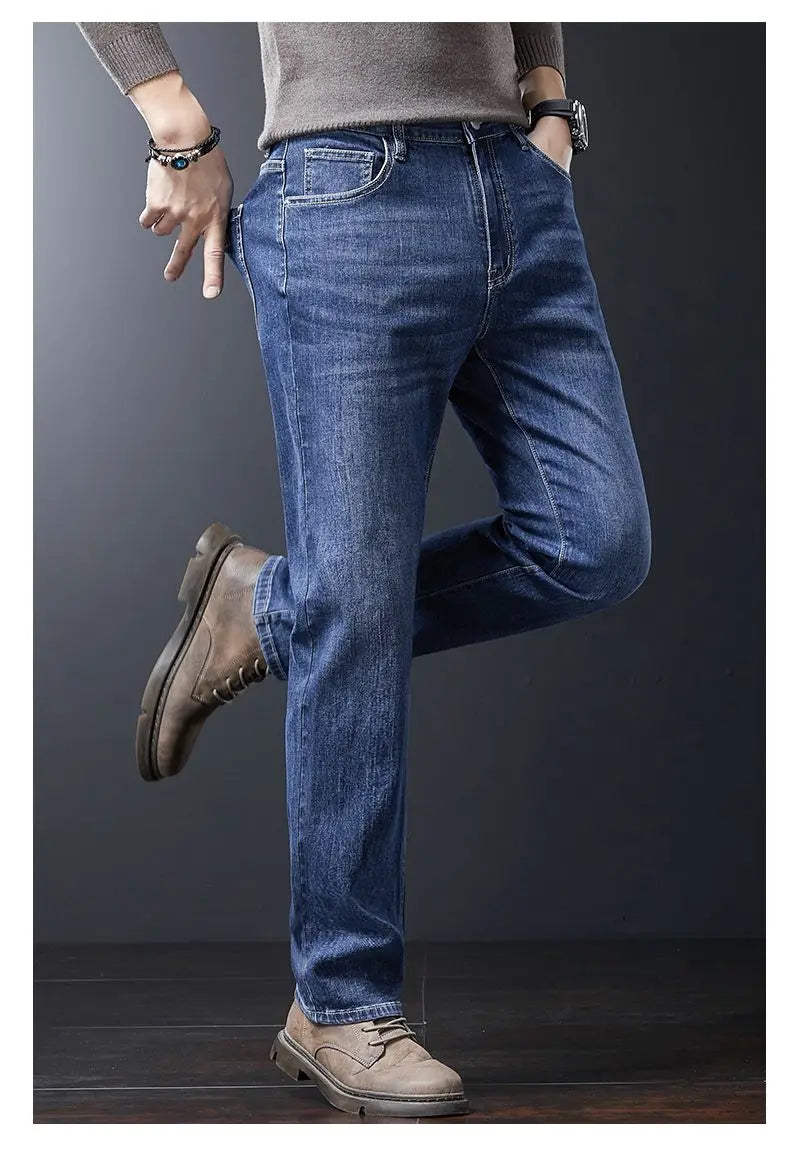 Men's Soft Stretch Straight Jeans Business Casual Slim Fit Wash Denim Pants Korean Fashion Blue Gray Male Brand Trousers