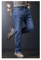 Men's Soft Stretch Straight Jeans Business Casual Slim Fit Wash Denim Pants Korean Fashion Blue Gray Male Brand Trousers