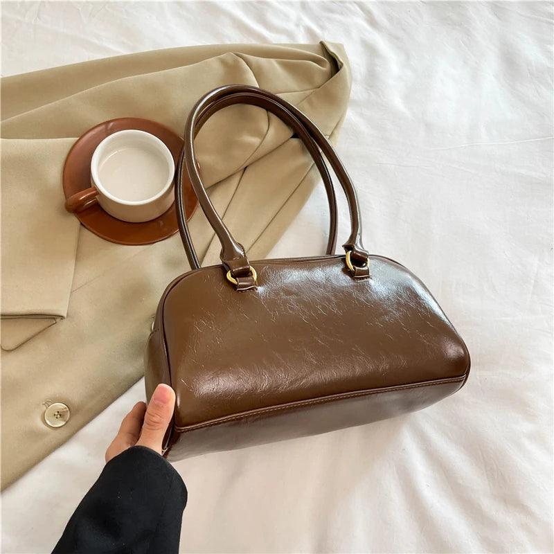 Double Snap Pockets Retro Leather Shoulder Bags Women Zipper Tote Handbags