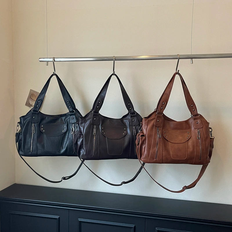 Women's Hobo Bag Vintage Large-Capacity Soft PU Leather Rivet-Accent Zipper Shoulder Bag with Phone Pocket