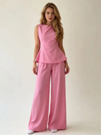 2026 Women Casual Set Elegant Back Tie Sleeveless Peplum Top + Wide Leg Pants 2 Pieces