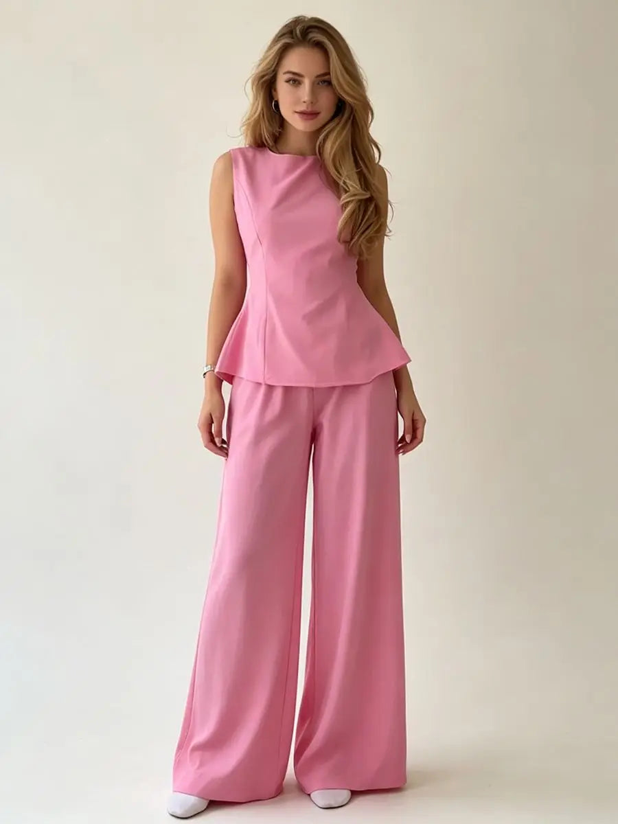 2026 Women Casual Set Elegant Back Tie Sleeveless Peplum Top + Wide Leg Pants 2 Pieces