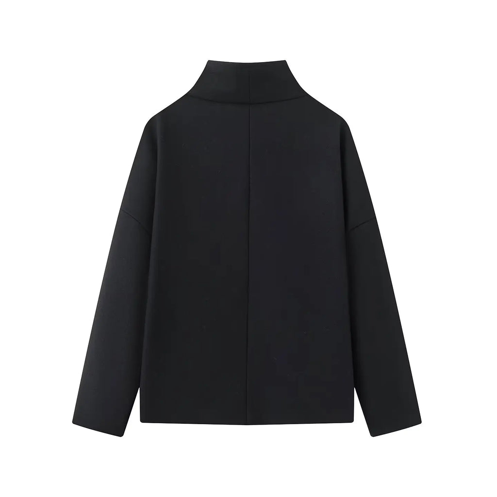 Women's High-Neck Double-Breasted Jacket with Pockets