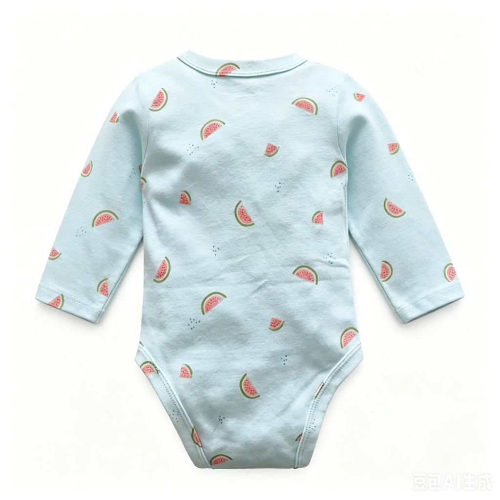 Back view of long-sleeve bodysuit highlighting continuous fruit print across torso and simple round collar