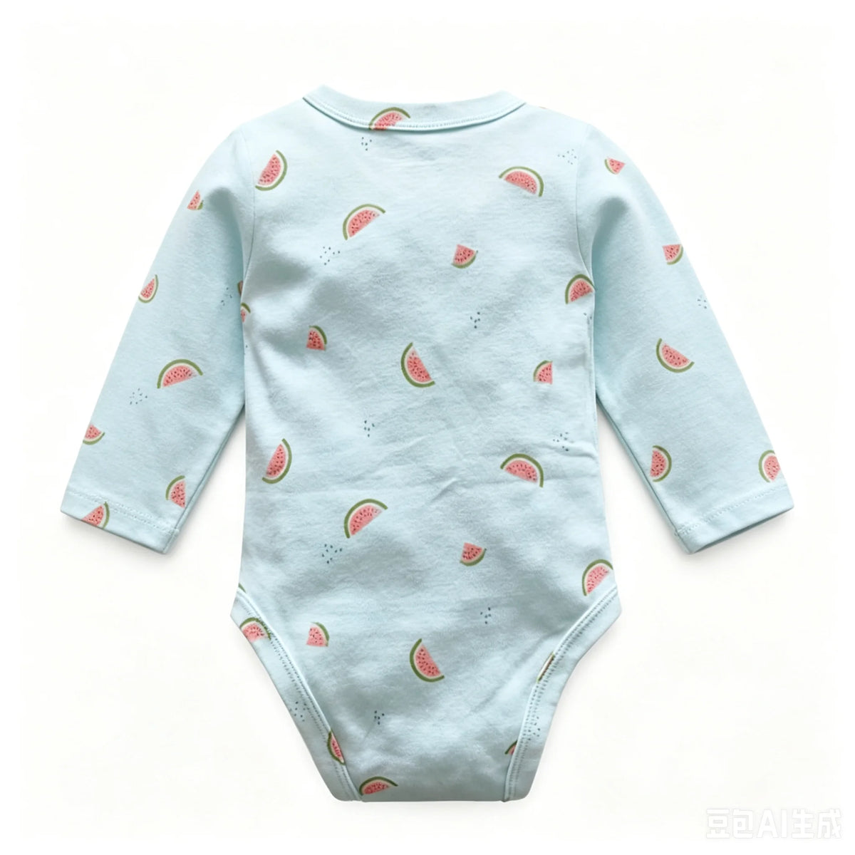 Back view of long-sleeve bodysuit highlighting continuous fruit print across torso and simple round collar