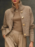 Fashion High Neck Button Knit Cardigan Jacket Women Autumn Winter Long Sleeve Casual Sweater