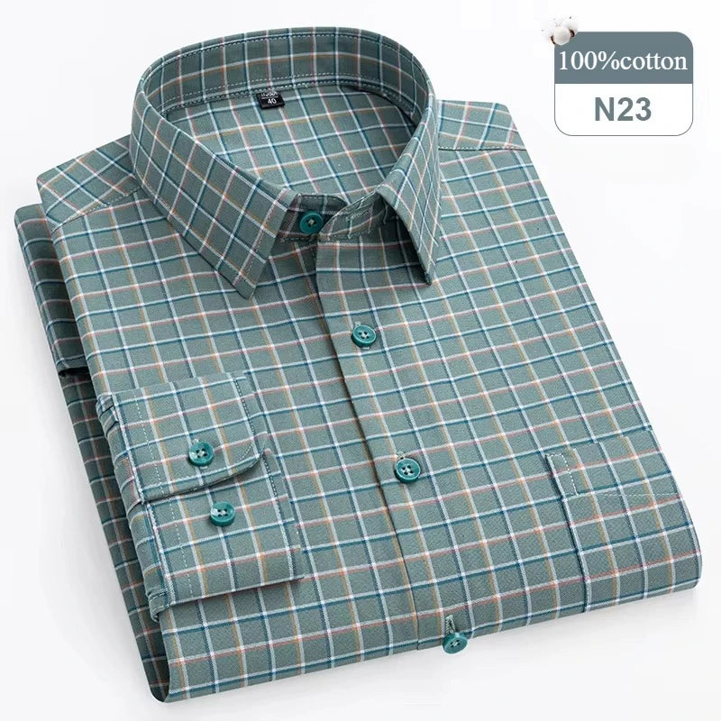 Plus Size 14XL 100%Cotton Long-Sleeve Shirts for Men Slim Fit Formal Plain Shirt Soft Plaid Striped Tops Office Elegants Clothes