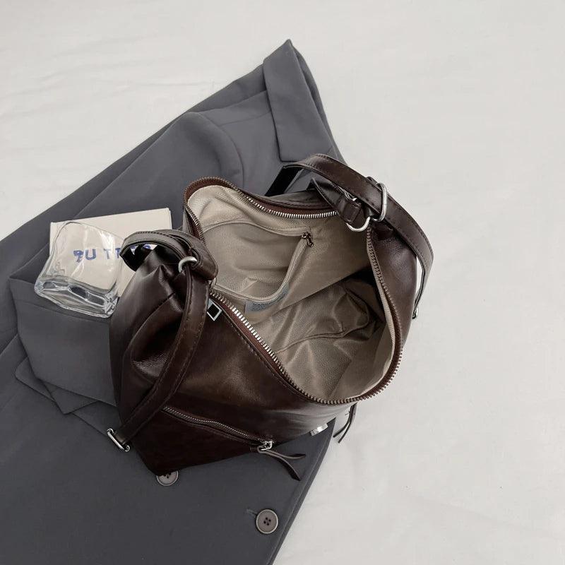 Medium Shoulder Bags Belt Buckle Style Outer Zipper Pockets Leather Backpacks