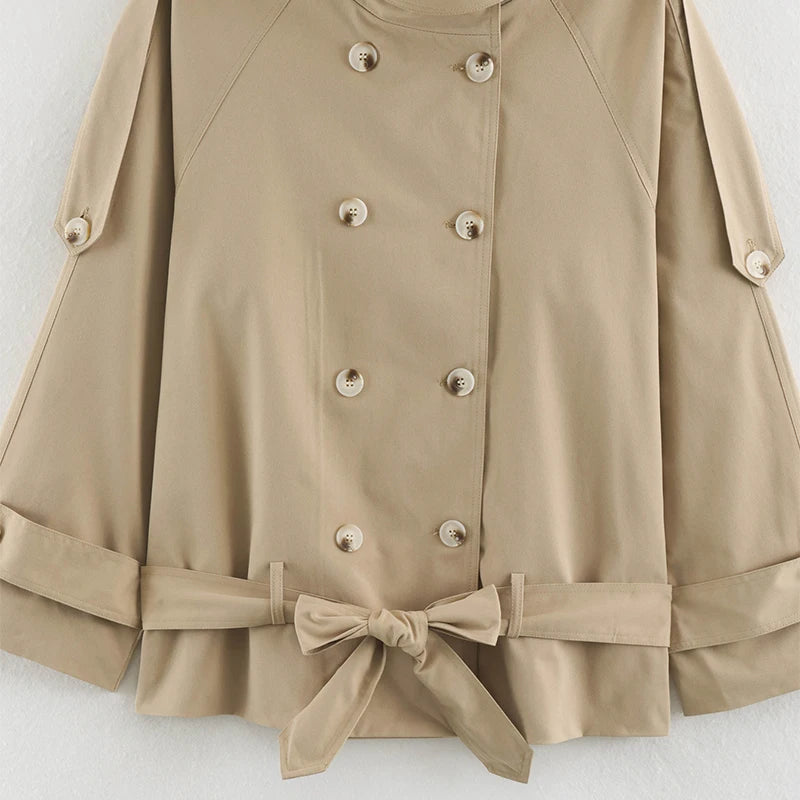 Khaki Belted Short Trench Coat for Women