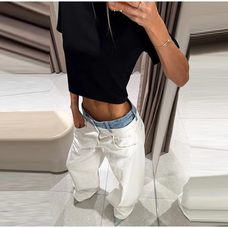 Women's Denim Patchwork Wide-Leg Ankle Jeans Drawstring Low Waist Loose Fit Casual Trendy Bottoms