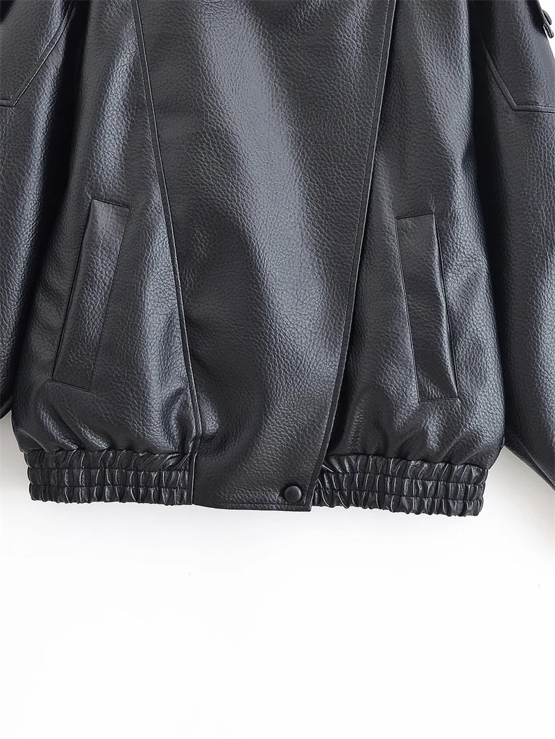 Women's Jacket Jacket Motorcycle Style 2026 Autunm Black Long Sleeve Pebble Faux Leather Fashion