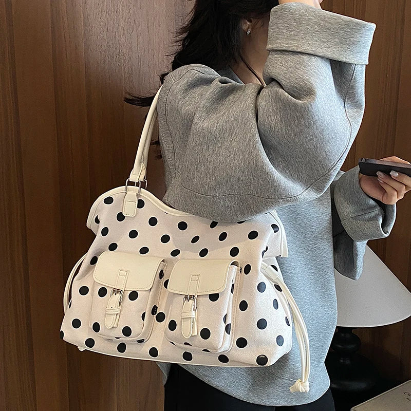 Women's Tote Bag Vintage Dot-Pattern Faux PU Leather Zipper Shoulder Bag with Phone Pocket