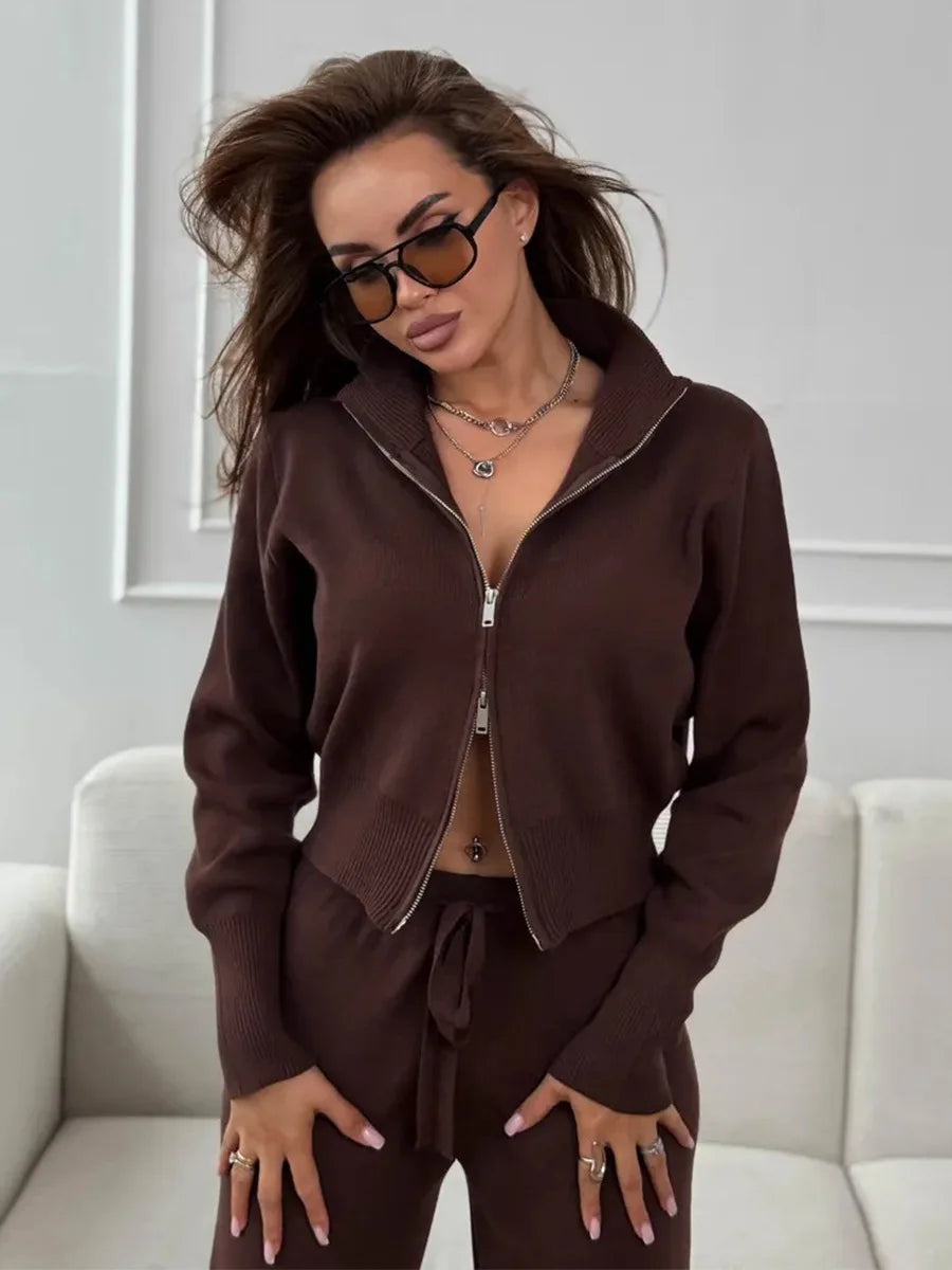 Women's Knit 2-Piece Set Zip-Up Stand Collar Cardigan Wide-Leg Ankle Pants Office Lady Autumn Winter Outfit