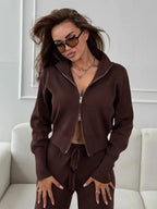 Women's Knit 2-Piece Set Zip-Up Stand Collar Cardigan Wide-Leg Ankle Pants Office Lady Autumn Winter Outfit
