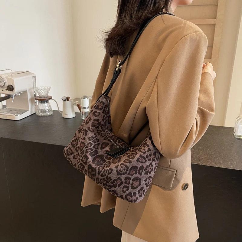 Suede Leopard Shoulder Bags Women Zipper Medium Soft Purse with Adjustable Strap