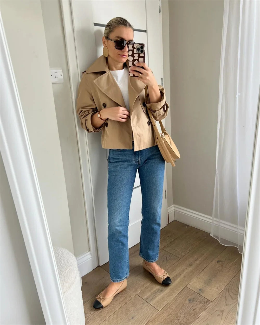 Women's Cropped Trench Coat Autumn Jacket Women Streetwear Double Breasted Long Sleeve