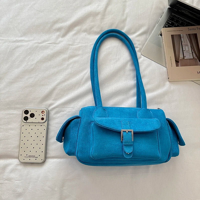 Women's Shoulder Bag Vintage Faux-Suede Baguette Zipper Underarm Bag with Phone Pocket