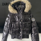 Women's Glossy Hooded Puffer Jacket with Faux Fur Trim