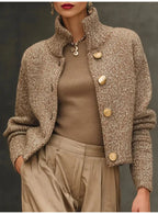 Fashion High Neck Button Knit Cardigan Jacket Women Autumn Winter Long Sleeve Casual Sweater