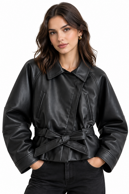 Women's Jacket Vintage Faux Leather Belted Turn-Down Lapel Full-Zip Full-Sleeve Short Motorcycle Coat
