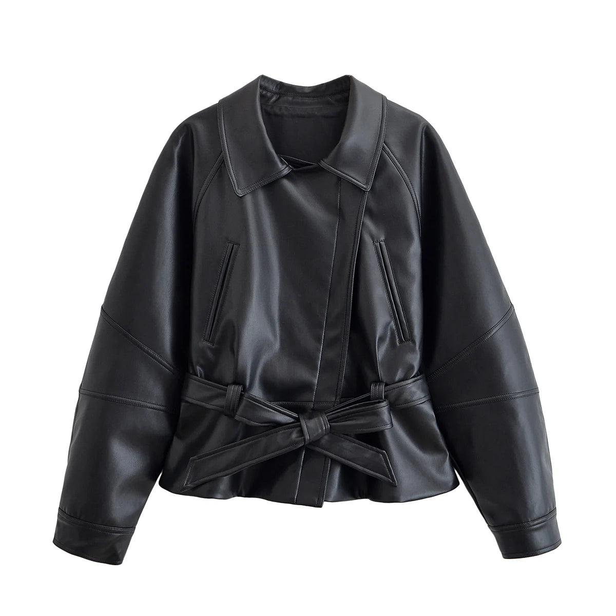 Women's Jacket Vintage Faux Leather Belted Turn-Down Lapel Full-Zip Full-Sleeve Short Motorcycle Coat