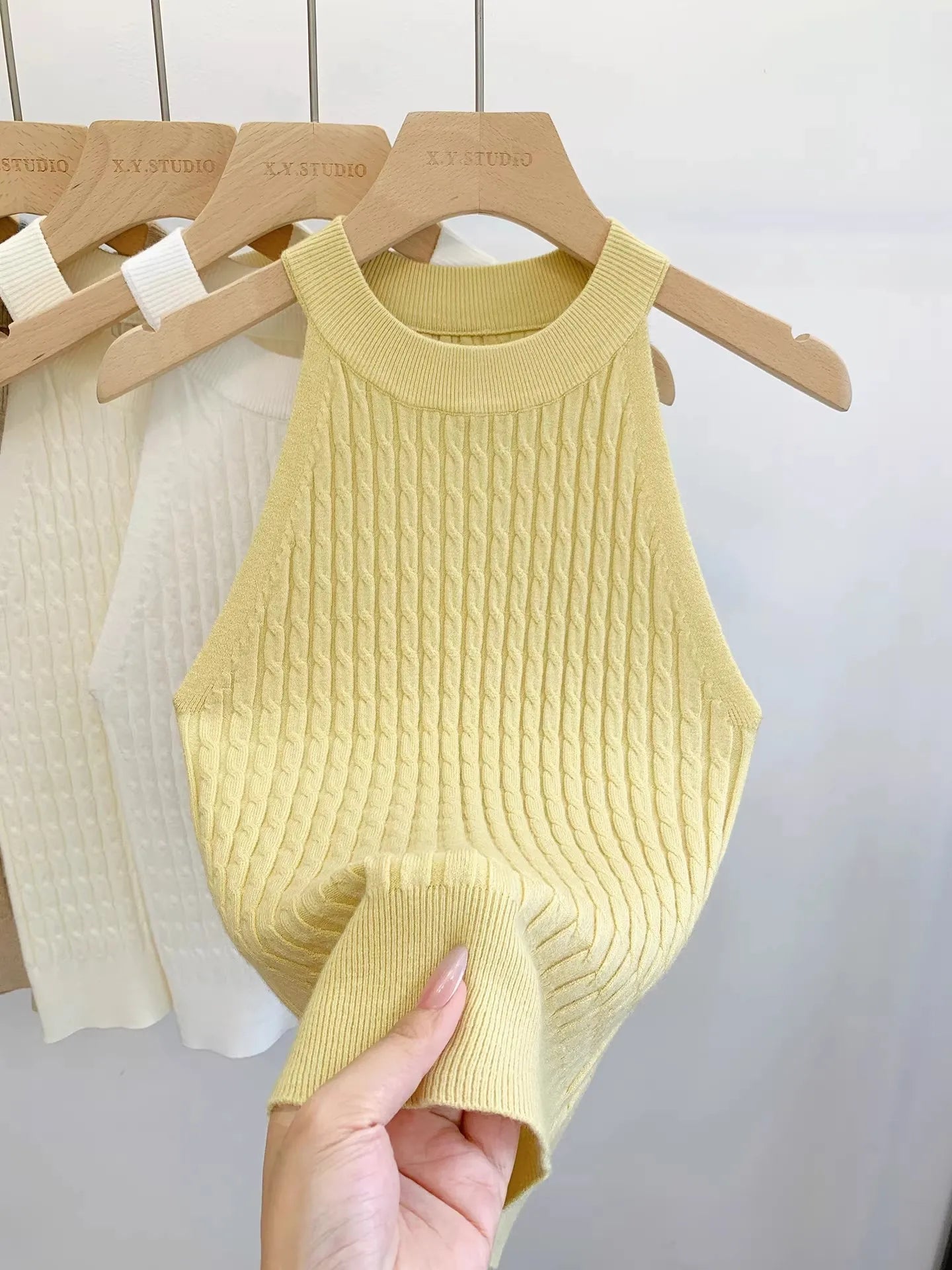 Women's Knitted Halter Camisole Slim Fit Sleeveless Base Tank Tops Solid Crop Tops