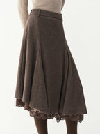 Women's Woolen Skirt Lace Panel Asymmetric Hem A-Line Empire Waist Mid-Calf Knit Casual Office Winter