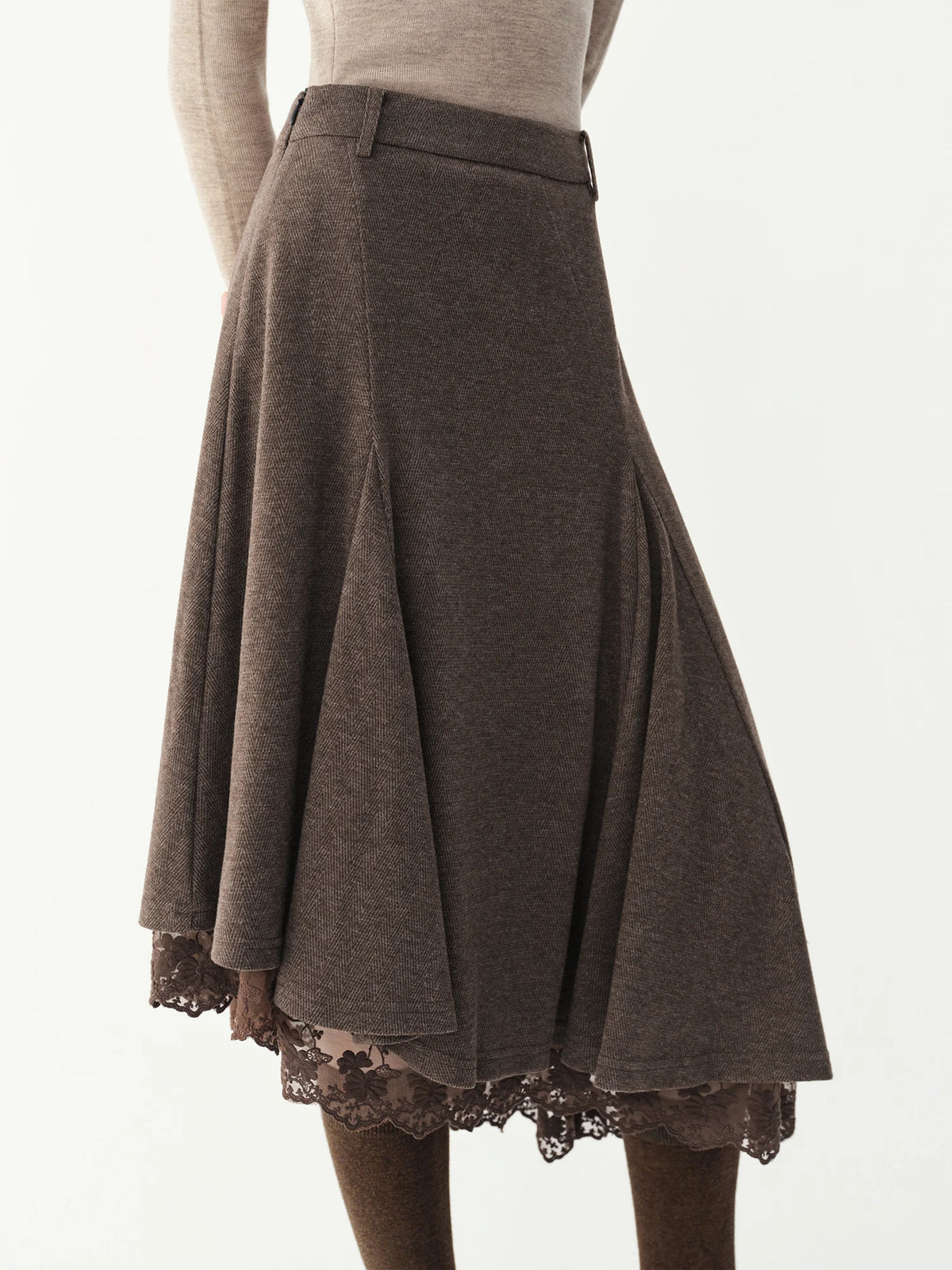 Women's Woolen Skirt Lace Panel Asymmetric Hem A-Line Empire Waist Mid-Calf Knit Casual Office Winter
