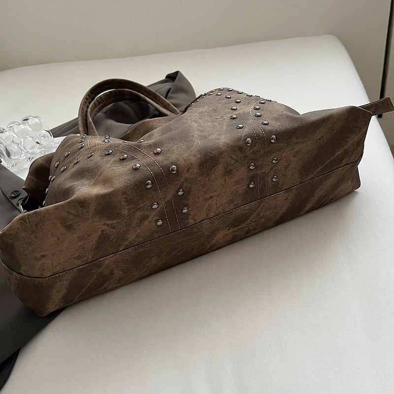 Women's Rivet PU Leather Large Capacity Shoulder Bag – Punk Style Tote Handbag