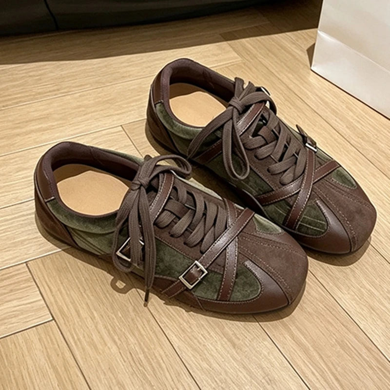 Women Retro Cross Buckle Sneakers - Cow Suede Casual Walking Shoes
