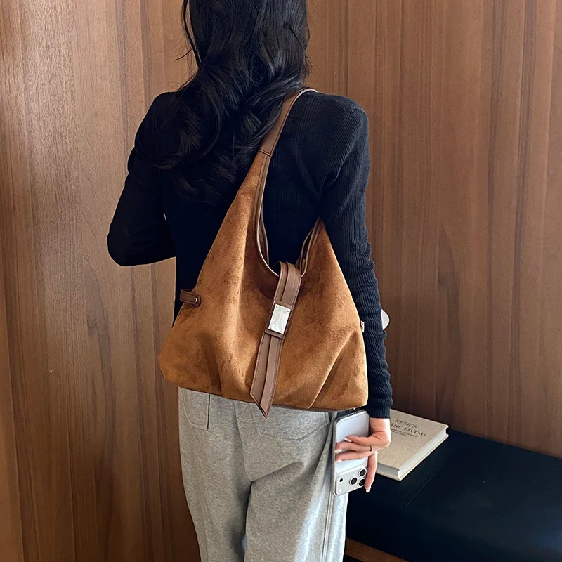 Women's Soft Faux Suede Hobo Tote Bag – Large Capacity, Retro Vintage