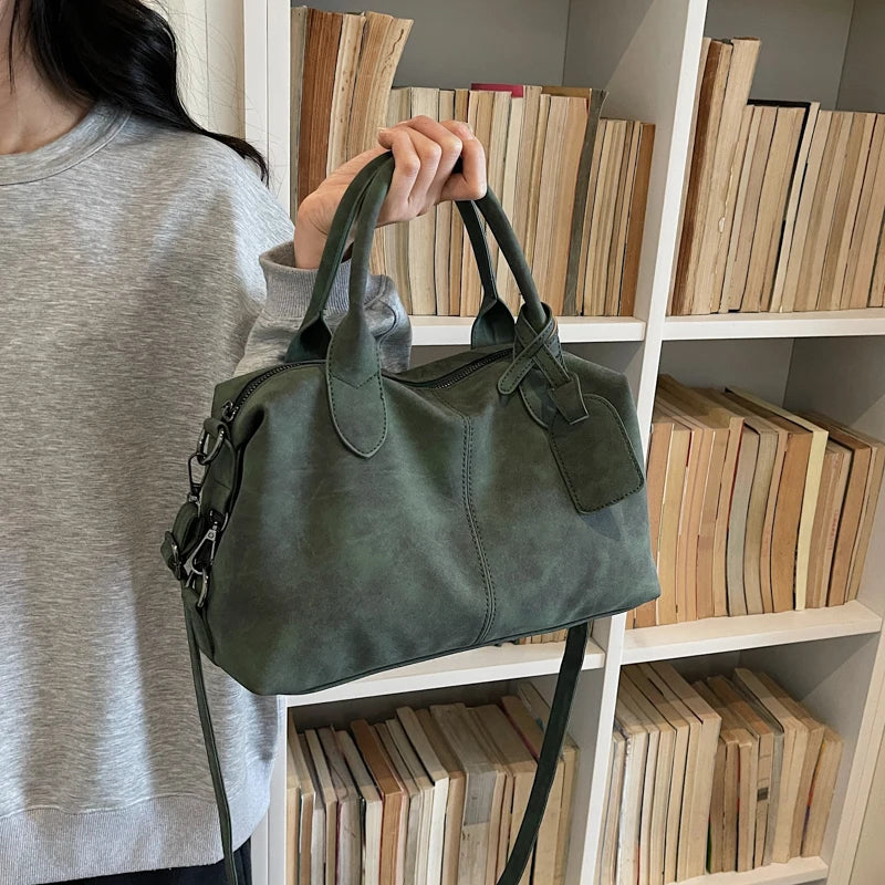 Women's Boston-Style PU Leather Shoulder Bag with Zipper