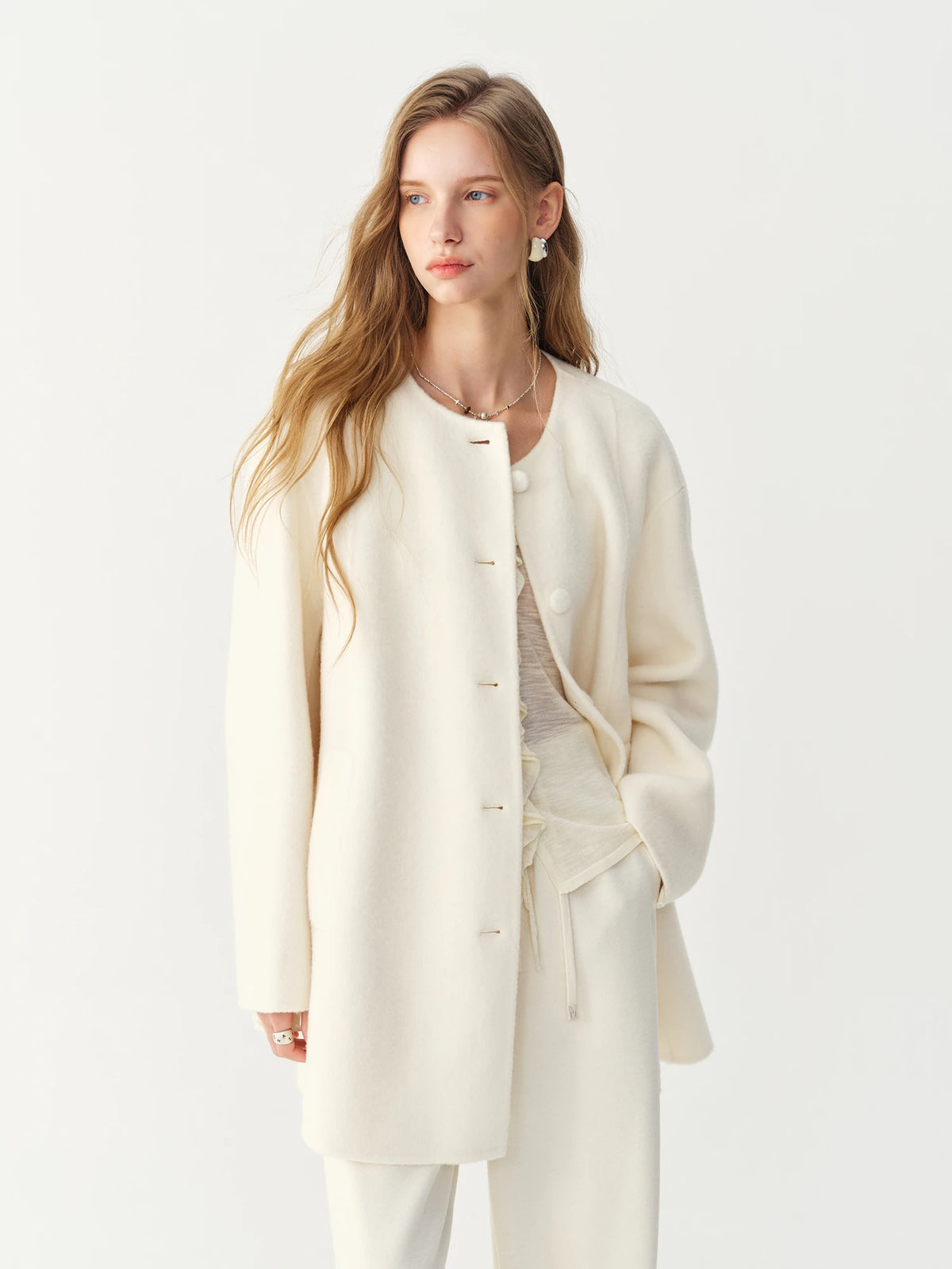 Women's Wool & Alpaca Double-Sided Overcoat – Round Neck, Mid-Long, Loose Fit