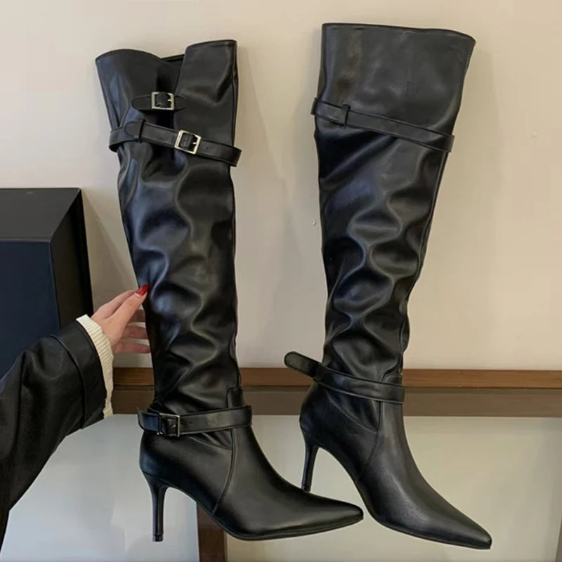 Women's Black Buckle Knee-High Boots with Stiletto Heels