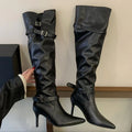 Women's Black Buckle Knee-High Boots with Stiletto Heels