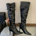 Women's Black Buckle Knee-High Boots with Stiletto Heels