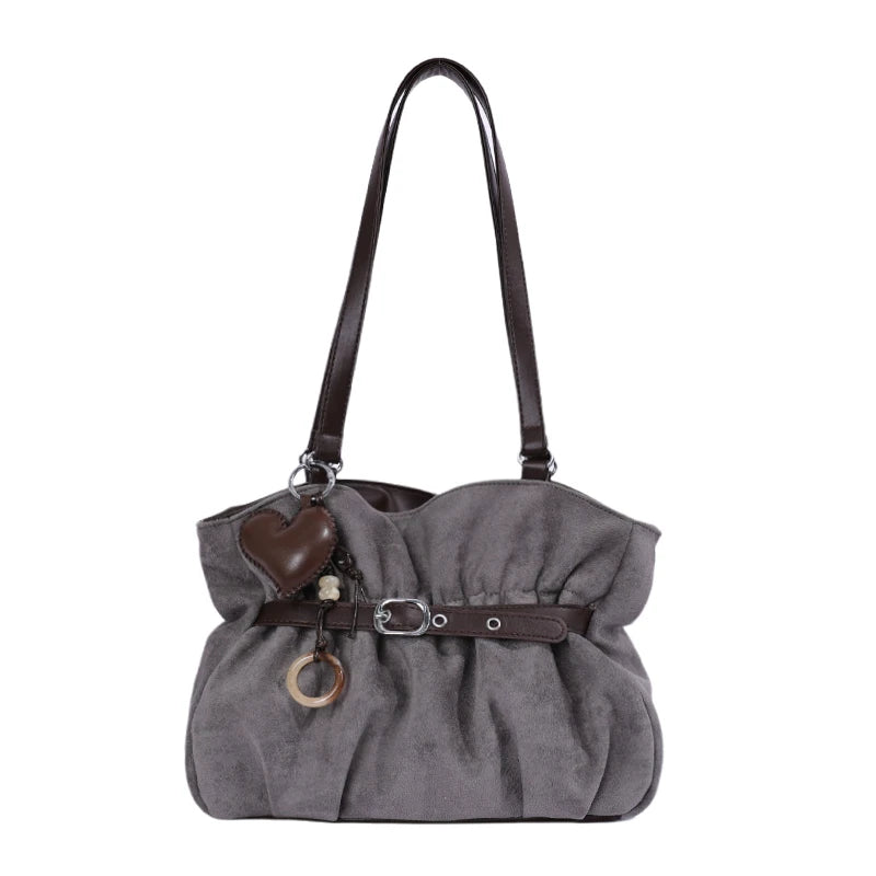Women's Shoulder Bag Vintage Ruched PU Leather Zipper Tote Bag with Phone Pocket & Charm