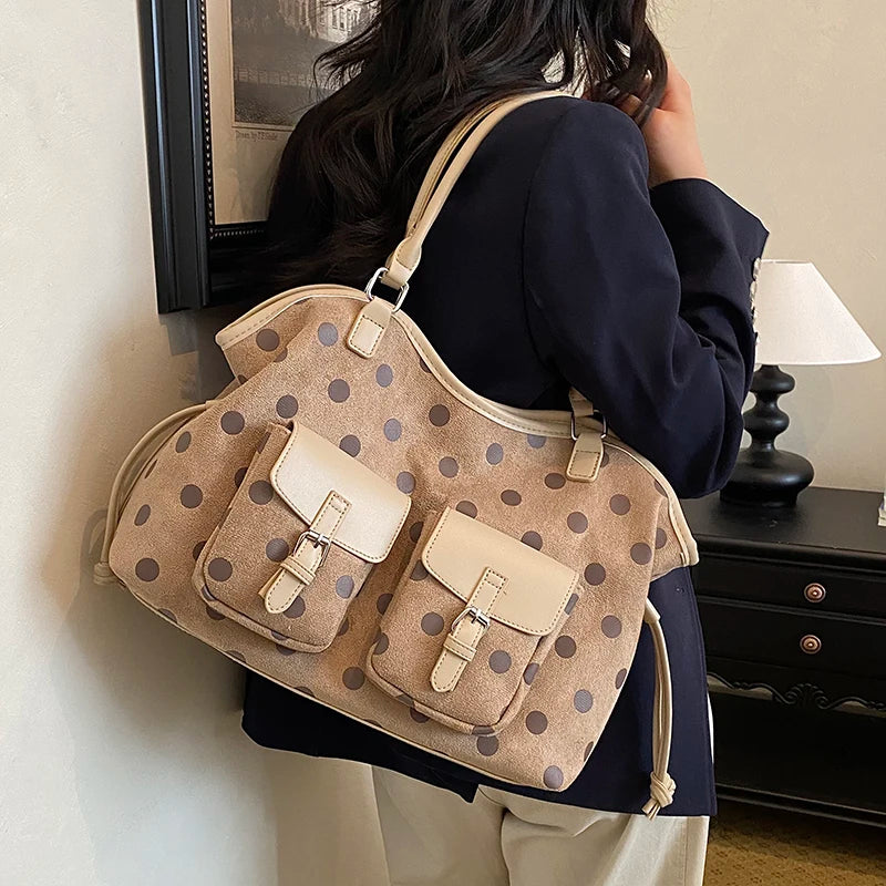 Women's Tote Bag Vintage Dot-Pattern Faux PU Leather Zipper Shoulder Bag with Phone Pocket
