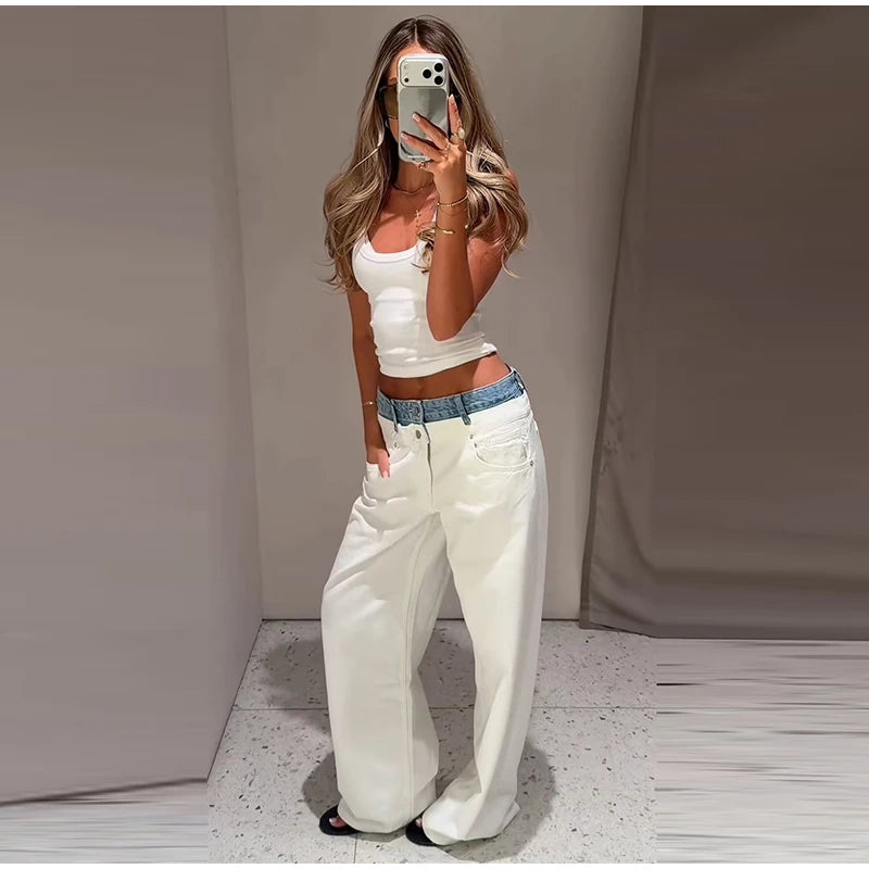 Women's Denim Patchwork Wide-Leg Ankle Jeans Drawstring Low Waist Loose Fit Casual Trendy Bottoms