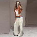 Women's Denim Patchwork Wide-Leg Ankle Jeans Drawstring Low Waist Loose Fit Casual Trendy Bottoms