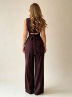 2026 Women Casual Set Elegant Back Tie Sleeveless Peplum Top + Wide Leg Pants 2 Pieces