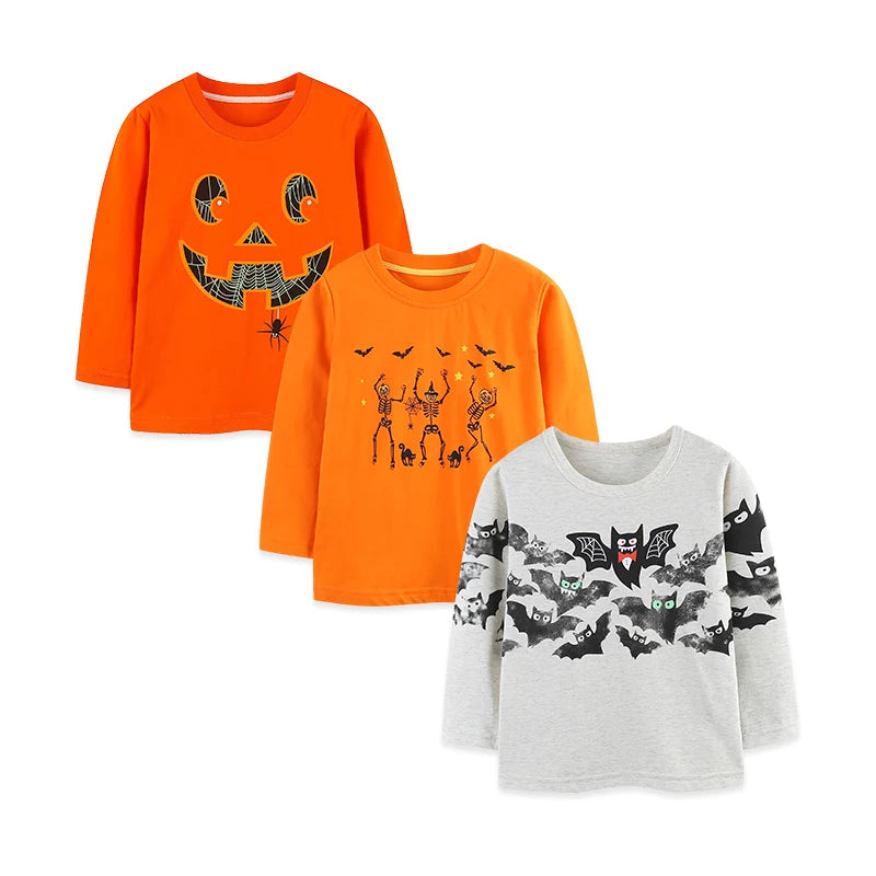 Boys' T-Shirt Cotton Cartoon Halloween Print Short-Sleeve O-Neck Kids Top 3Pcs