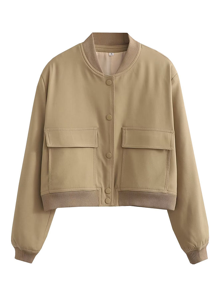 Women Fashion Solid Bomber Jackets Coat With Pockets V-Neck Single Breasted Long Sleeves