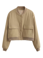 Women Fashion Solid Bomber Jackets Coat With Pockets V-Neck Single Breasted Long Sleeves