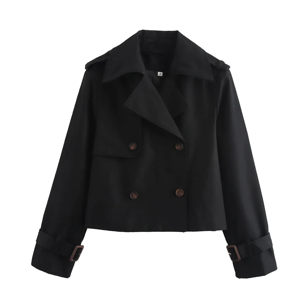 Women's Cropped Trench Coat Autumn Jacket Women Streetwear Double Breasted Long Sleeve