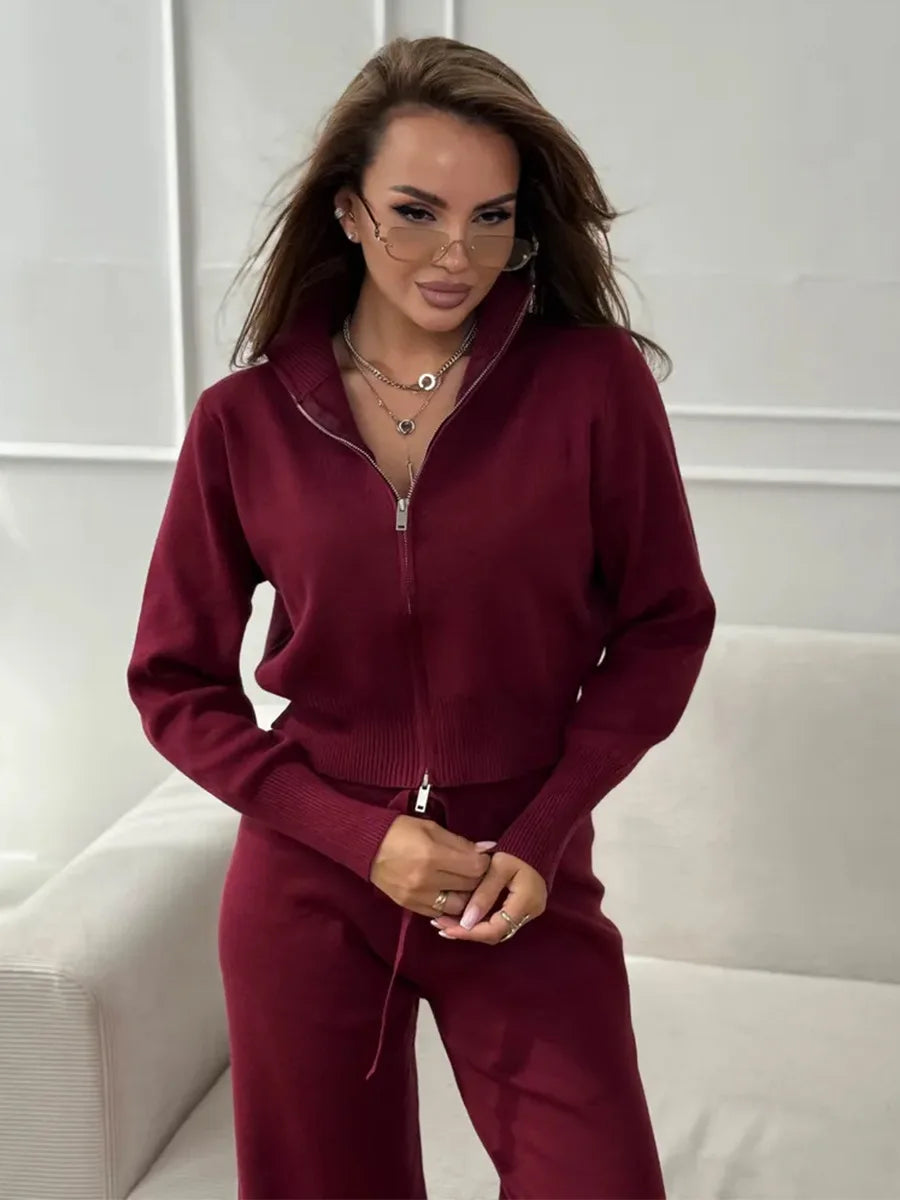 Women's Knit 2-Piece Set Zip-Up Stand Collar Cardigan Wide-Leg Ankle Pants Office Lady Autumn Winter Outfit